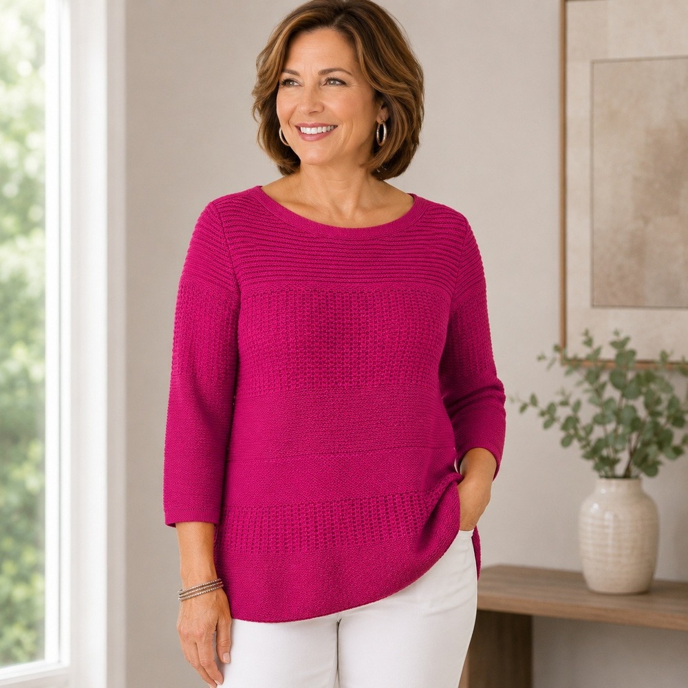 Chico's Size 0 Fuchsia Pink Textured Knit Sweater 3/4 Sleeve Boat Neck S
